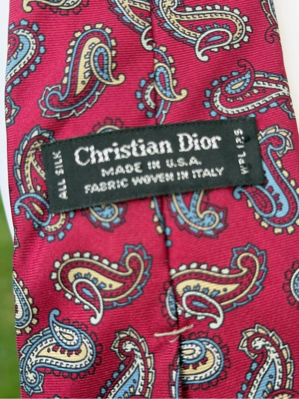 Vintage Christian Dior Silk Paisley Tie  Red Maroon Red Blue Gold Jacquard